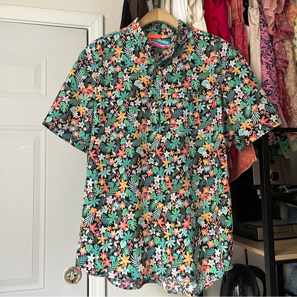CHUBBIES black green leaf toucan bird‎ tropical floral polo short sleeve shirt